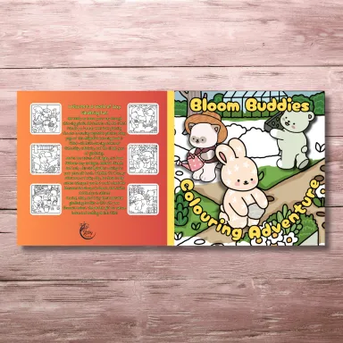 Bloom Buddies Colouring book Cover and Back page, Cosy friends, Cute friends, Simple, all ages.